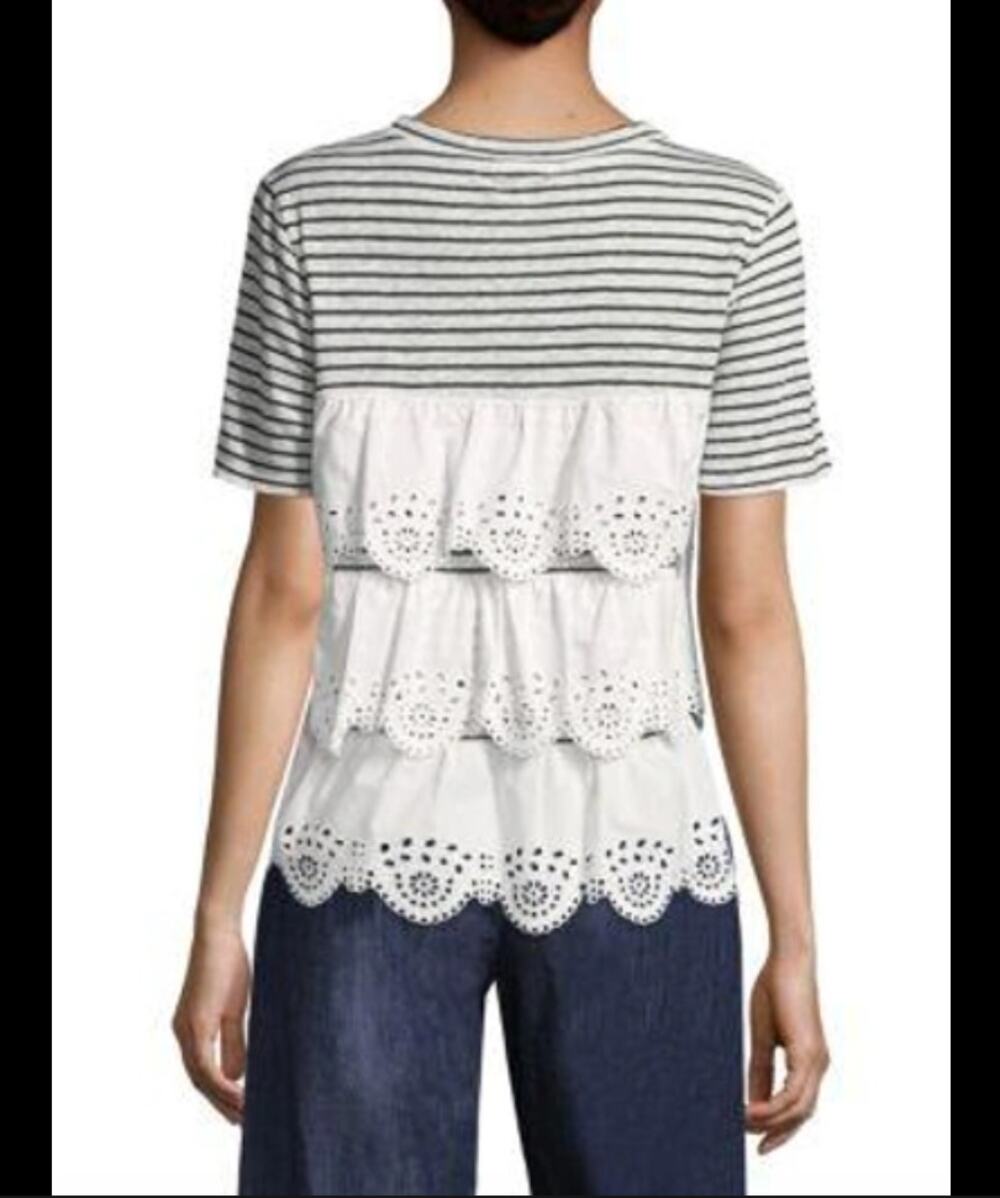JOIE White Black Striped Linen Tee Eyelet Crochet Scalloped Layered Top Shirt XS